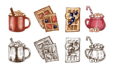 Muz dilimleri ve yabanmersinli waffle 'ın el yapımı eskizi. Renkli ve tek renkli versiyonları içerir. Kafe tasarımı ve tatlı paketleme için mükemmel.