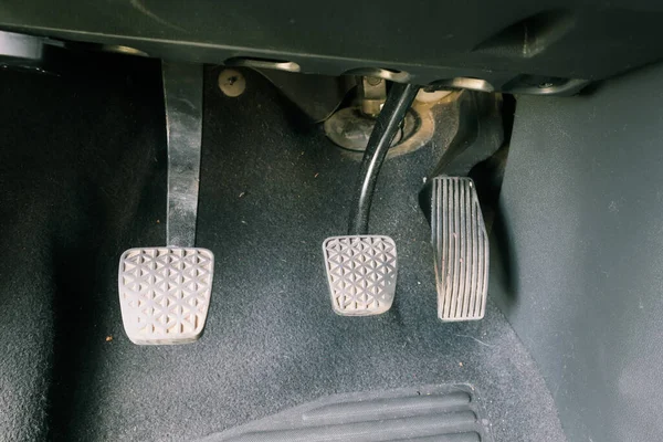 Three Car Pedals. Brake clutch and accelerator pedal of manual transmission car. Manual vehicle