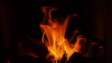 Fireplace burning with firewood logs. Fire flames on black background