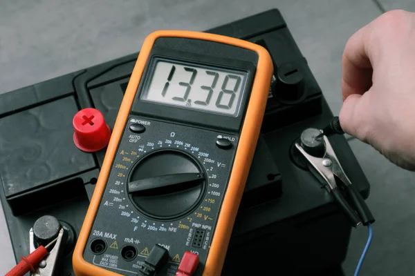 Check Charge Car Battery Charger Person Measures Voltage Selective Focus — Stok fotoğraf