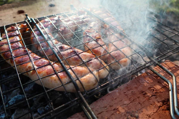 Deliziose Salsicce Tedesche Alla Griglia Barbecue Alla Festa Barbecue Nel — Foto Stock