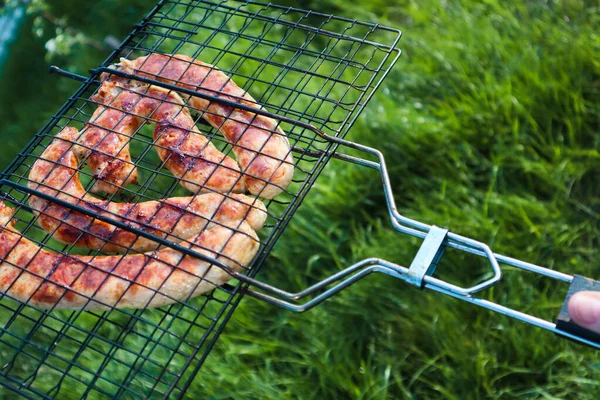 Bbq Fiery Sausages Grill Grilled Pork Sausage Cast Iron Grill — Stock Photo, Image