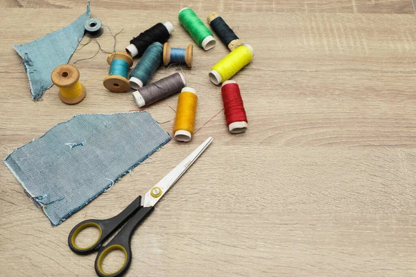 Scissors Sewing Supplies Desk Directly Shot Sewing Items Wooden Background Stock Image