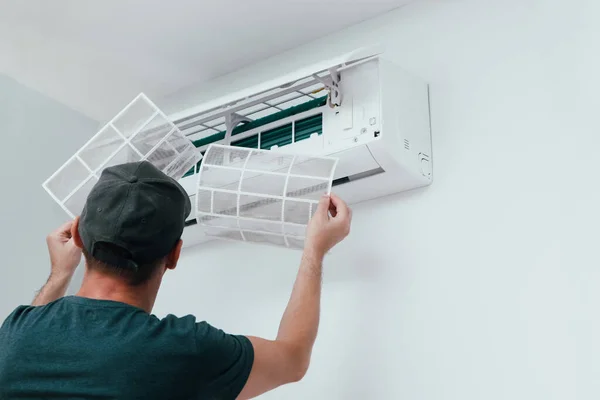 Air Conditioner Service Indoors Male Technician Removing Air Filter Air Stock Picture
