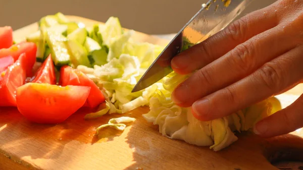 Salată Legume Gătit Procesul Tocare Legumelor Femeia Mănâncă Castravete Roșii — Fotografie, imagine de stoc