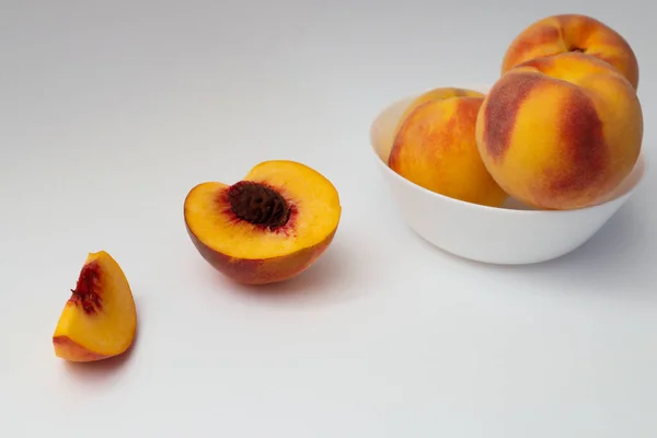 Fresh Ripe Peaches White Plate Half Quarter Peach White Background Stock Photo