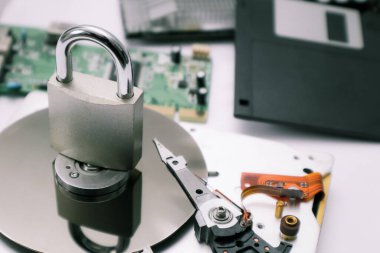 Disassembled HDD and door lock. The concept of security data, hardware, and information technology. Data protection concept. clipart