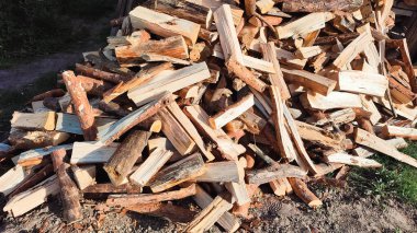 Yığınla odun, doğal odun. Yakacak odun manzarasını kes. Dağınık yakacak odun yığını, kış stoku için teslim edildi.