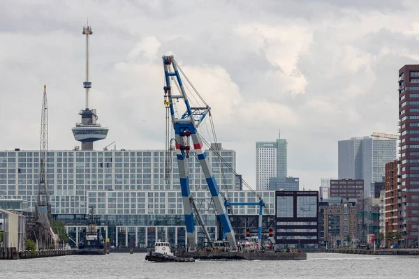 Rotterdam, Hollanda - 2021-07-07: Arka planda şehir bulunan Rotterdam limanında ağır yük taşıyan Matador 2 çekiliyor