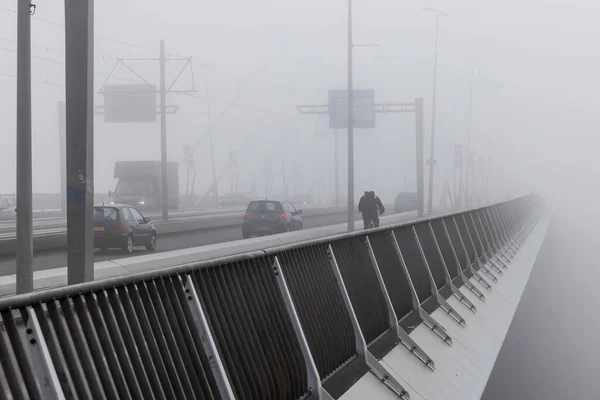 Rotterdam, Hollanda - 2021-10-08: Sisin içinde Rotterdam 'daki Erasmus köprüsü trafiğin kötü görüş koşullarında sürdüğü