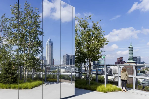 Rotterdam, Hollanda - 2022-06-07: Depot Müzesi Rotterdam 'ın çatı katındaki manzaranın keyfini çıkaran kadın