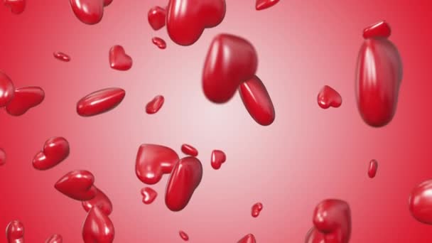 Chuva Corações Corações Voadores Fundo Vermelho Close Dia Dos Namorados — Vídeo de Stock