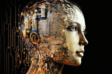 Dijital beyin kavramlarını özetleyen bir kadının kafasındaki ve yüzündeki büyük veri ve yapay zeka devre kartı, bilgisayar üreten yapay zeka çizimleri.