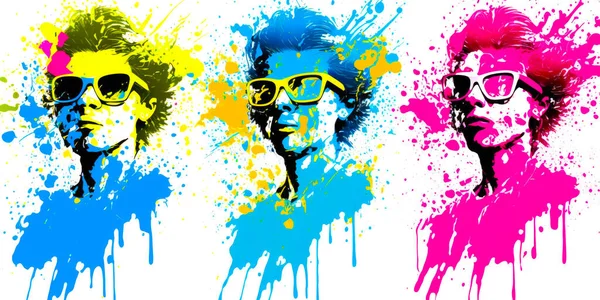 Цветные Брызги Трех Различных Вариантах Цветах Мужскими Лицами Поколение — стоковое фото