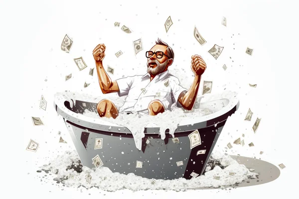 Rich man bathing in money. Profit and success concept. Generative AI