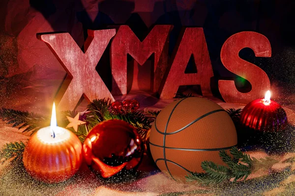 Basketball, sport christmas card with Xmas Lettering and festive decoration