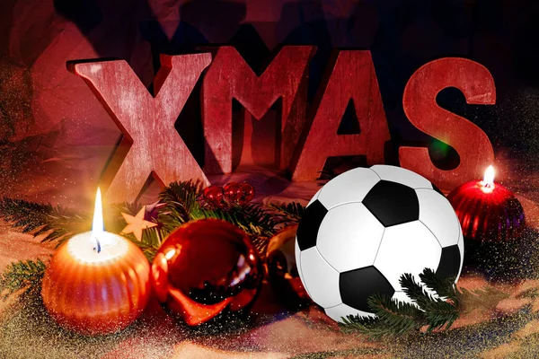 Fußball Sport Weihnachtskarte Mit Weihnachtsaufdruck Und Festlicher Dekoration — Stockfoto