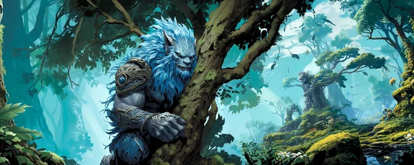 Illustration of a blue skinned lion warrior sitting on a tree in a beautiful panoramic fantasy landscape