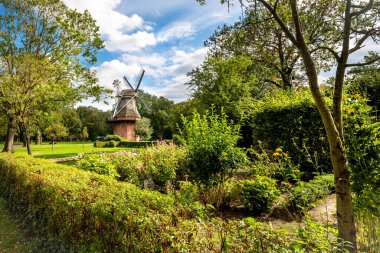 Büyük ağacı olan eski yel değirmenine bakın, Bad Zwischenahn, Aşağı Saksonya, Almanya