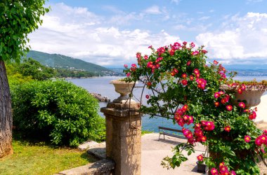Hırvatistan 'ın Lovran kentinde ön planda büyük bir çiçek kasesi bulunan güzel kıyı şeridi.
