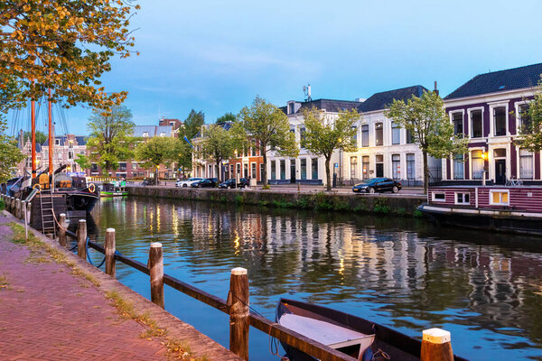 Ships and sailing boats along the Willemskade in Leeuwaden, Friesland, Netherlands