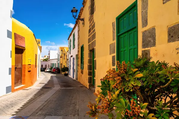 Aguimes, Gran Canaria 'da yeşil kapıları ve tarihi cepheleri olan renkli bir sokak.