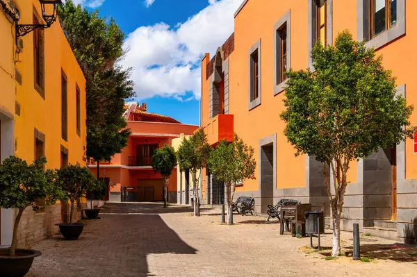 Aguimes, Gran Canaria 'daki Plaza de Santo Domingo' da renkli evler ve ağaçlar