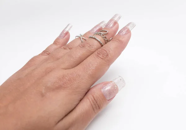 Stylowy Żeński Manicure Piękne Kobiece Dłonie Białym Tle — Zdjęcie stockowe