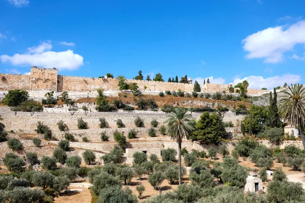 Kilátás Ősi Zsidó Temetőre Olajfák Hegyén Jeruzsálemben Egy Fényes Napos — Stock Fotó