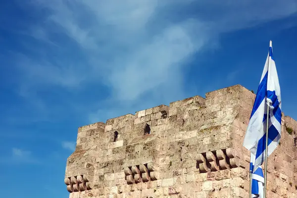 Část Staré Věže Jeruzalémě Pozadí Modré Oblohy Mraky Věž Byla — Stock fotografie