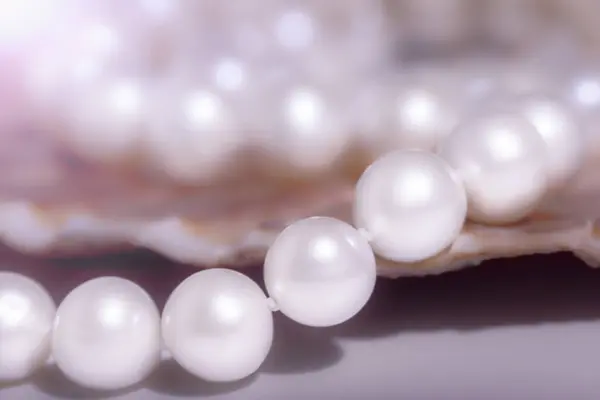 beautiful women's necklace made of natural white pearls, photographed from a close distance , the concept of women's jewelry