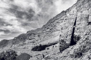 İnanılmaz Ein Gedi Milli Parkı İsrail 'in kayalık bir çölünde, siyah beyaz bir fotoğrafta.