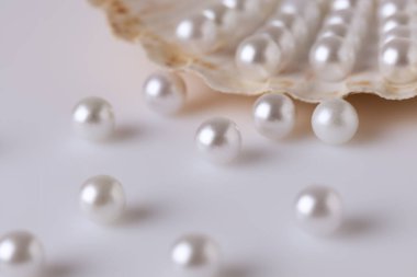 Güzel beyaz inciler bir istiridye kabuğunda fotoğraflanır. Görüntü lüks ve zarafet hissi verir.