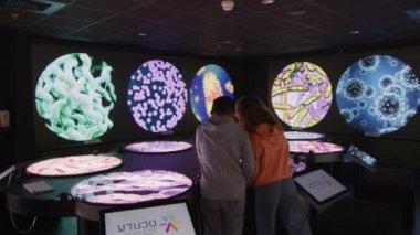 Okul çocukları bilim ve tıp müzesindeki mikroplar, virüsler ve bakteriler dünyasını araştırıyorlar. Yüksek kalite 4k görüntü