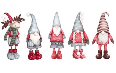İskandinav Noel cüceleri ve geyikleri seti, Noel kış cüceleri iklimi, beyaz arka planda izole bir illüstrasyon