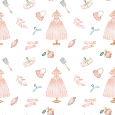 Suluboya peri masalı prenses unsurlarının kusursuz deseni (prenses elbisesi ve aksesuarları), beyaz bir arka planda resim