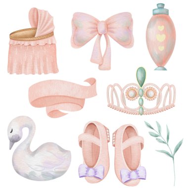 Bir dizi suluboya prenses ve küçük tatlı kız unsurları (prenses tacı, ayakkabı, yay, prenses kuğu, beşik), beyaz bir arka planda izole bir illüstrasyon, bebek partisi kızı Clipart, doğum günü klibi