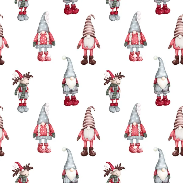 Christmas Scandinavian Gnomes Deer Seamless Pattern Hand Drawn Illustration White — Stock Photo, Image