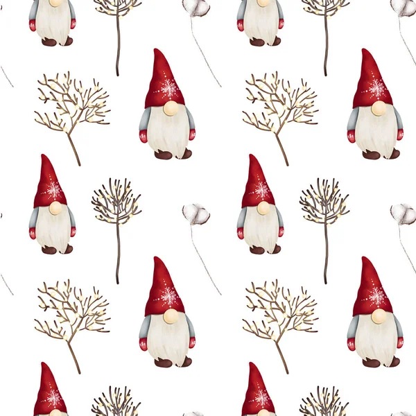 Christmas Scandinavian Gnomes Winter Trees Cotton Flowers Seamless Pattern Hand — Stock Photo, Image