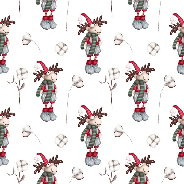 Karácsonyi Szarvas Pamut Virágok Zökkenőmentes Minta Kézzel Rajzolt Illusztráció Egy — Stock Fotó