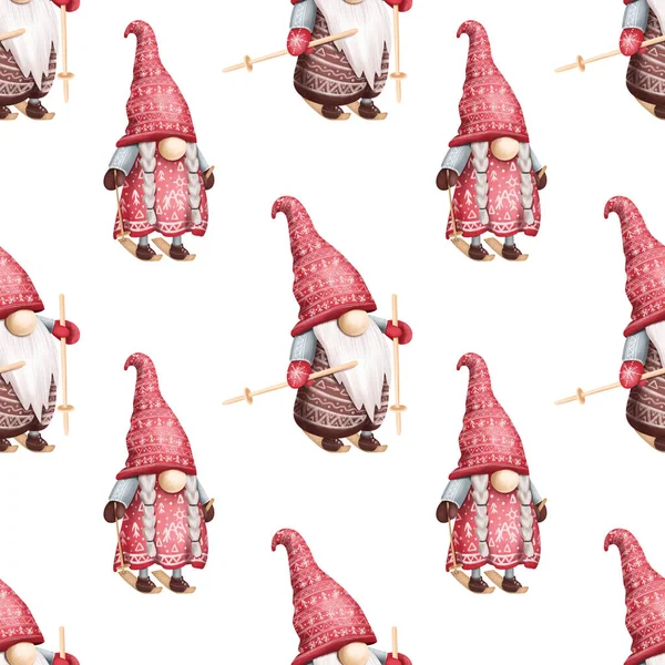Weihnachten Skandinavische Gnome Auf Den Skiern Nahtloses Muster Handgezeichnete Illustration — Stockfoto