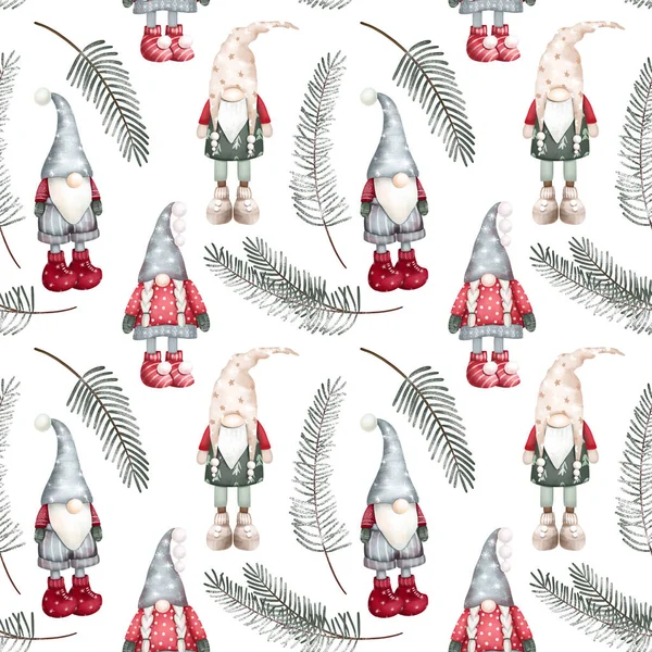 Natal Gnomos Escandinavos Ramos Abeto Inverno Sem Costura Padrão Ilustração — Fotografia de Stock