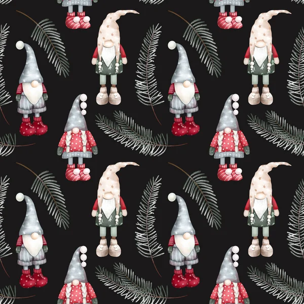 Gnomes Scandinaves Noël Branches Sapin Hiver Motif Sans Couture Illustration — Photo