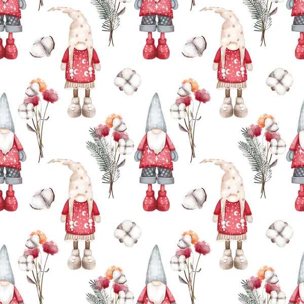 Рождественские Скандинавские Гномы Зимние Цветы Бесшовный Узор Нарисованные Вручную Иллюстрации — стоковое фото