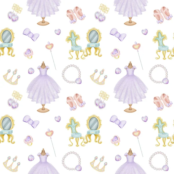 Seamless Pattern Watercolor Fairy Tale Princess Elements Purple Princess Dress — Stock Photo, Image