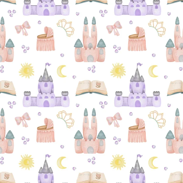 Seamless pattern of watercolor fairy tale princess elements (princess castle, cradle, fairy tale book, crown), illustration on a white background