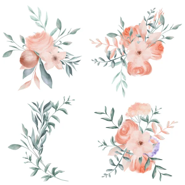 Conjunto Ramos Flores Rosadas Clipart Floral Simple Ilustración Aislada Sobre — Foto de Stock