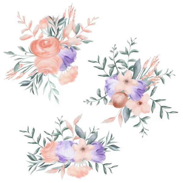 Sada Růžové Fialové Kytice Jednoduché Květinové Kliparty Izolované Ilustrace Bílém — Stock fotografie