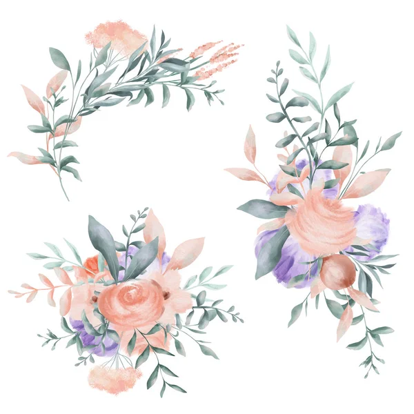 Sada Růžové Fialové Kytice Jednoduché Květinové Kliparty Izolované Ilustrace Bílém — Stock fotografie