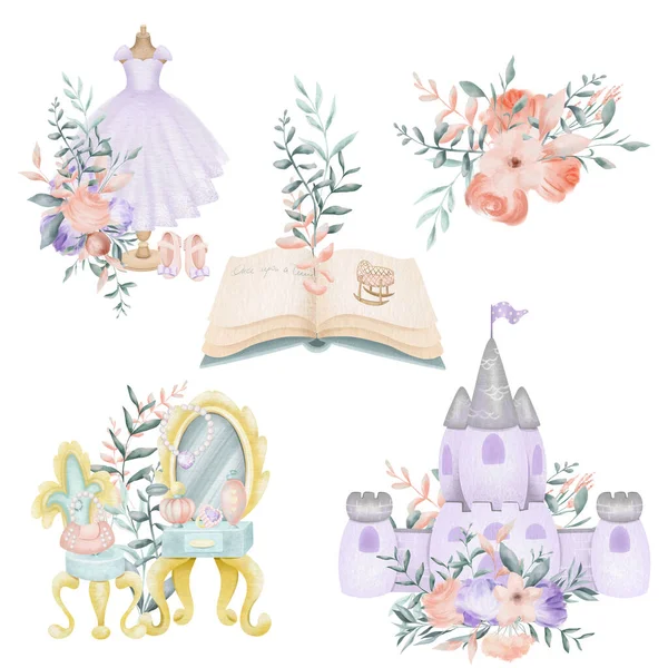 Set Aus Aquarell Märchenelementen Der Prinzessinnengeschichte Buch Lila Schloss Prinzessinnenkleid — Stockfoto